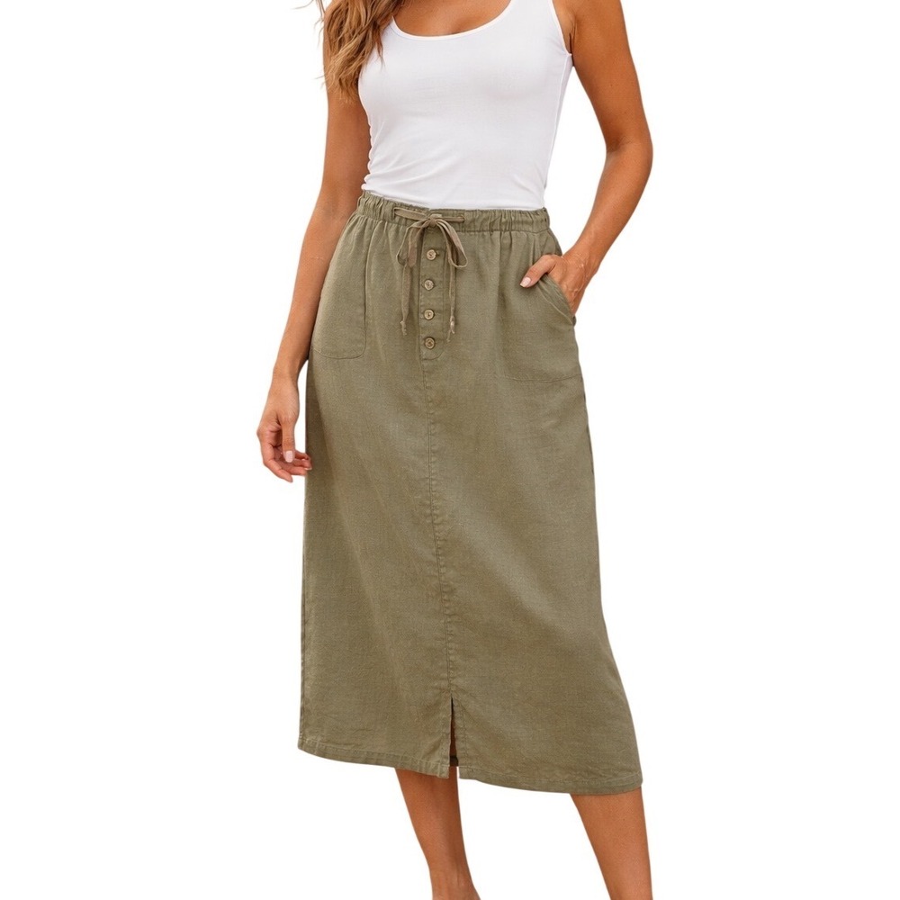 Vtg Eddie Bauer Womens Linen Cotton  Cargo Midi Skirt Khaki Green Sz 14 Buttons